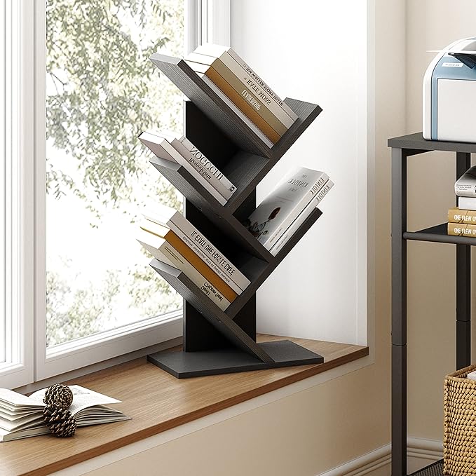 Hoctieon 4 Tier Tree Bookshelf, 4 Shelf Bookcase, Free Standing Tree Bookcase, Display Floor Standing Shelf for Books, Book Organizer Shelves for Home Office, Living Room, Bedroom, Black - LeafyLoom