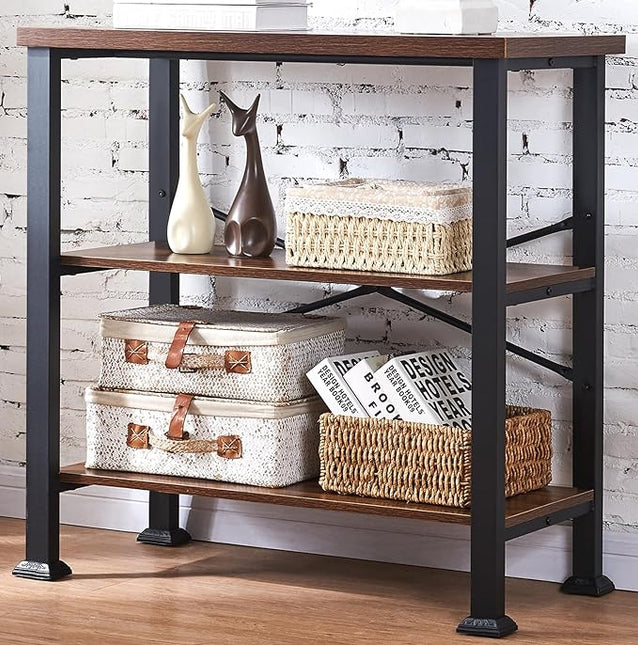 HOMBAZAAR Bookshelf, 3-Tier Vintage Industrial Book Shelf, Rustic Wood and Metal Bookcase and Bookshelves, Free Standing Storage Small Bookshelf for Living Room, Bedroom and Kitchen, Brown - LeafyLoom