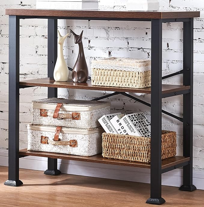 HOMBAZAAR Bookshelf, 3-Tier Vintage Industrial Book Shelf, Rustic Wood and Metal Bookcase and Bookshelves, Free Standing Storage Small Bookshelf for Living Room, Bedroom and Kitchen, Brown - LeafyLoom