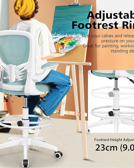 MINLOVE Drafting Office Chair, Ergonomic Tall Office Chair with Flip-up Armrests Executive Ergonomic Computer Standing Desk Chair with Lumbar Support and Adjustable Footrest(Light Blue) - LeafyLoom
