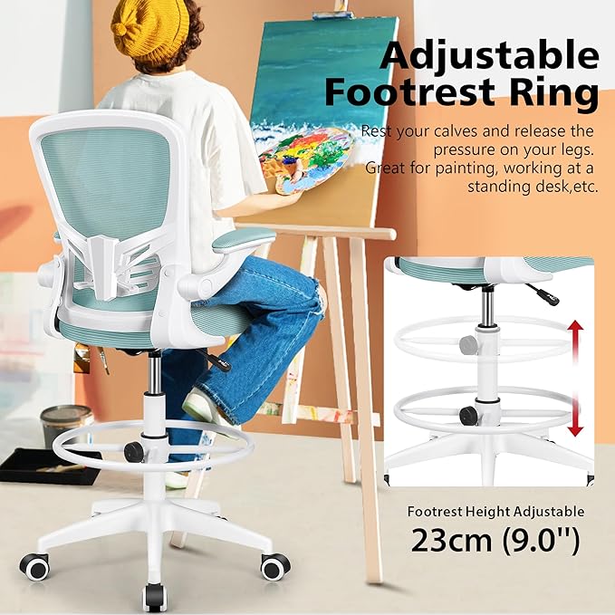MINLOVE Drafting Office Chair, Ergonomic Tall Office Chair with Flip-up Armrests Executive Ergonomic Computer Standing Desk Chair with Lumbar Support and Adjustable Footrest(Light Blue) - LeafyLoom