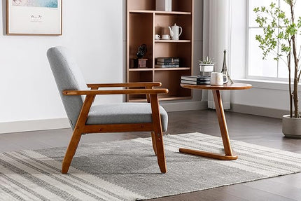 Mid-Century Accent, Modern Single Armchair, Upholstered Leisure Lounge Chair wth Solid Wood Armrest and Feet for Living Room, Bedroom, Office, Gray - LeafyLoom