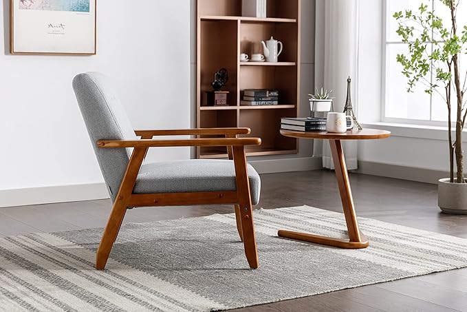 Mid-Century Accent, Modern Single Armchair, Upholstered Leisure Lounge Chair wth Solid Wood Armrest and Feet for Living Room, Bedroom, Office, Gray - LeafyLoom