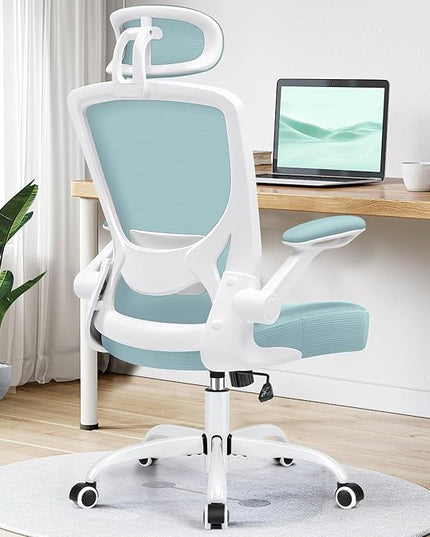 KERDOM Ergonomic Office Chair, Breathable Mesh Desk Chair, Lumbar Support Computer Chair with Headrest and Flip-up Arms, Swivel Task Chair, Adjustable Height Gaming Chair, LightBlue - LeafyLoom