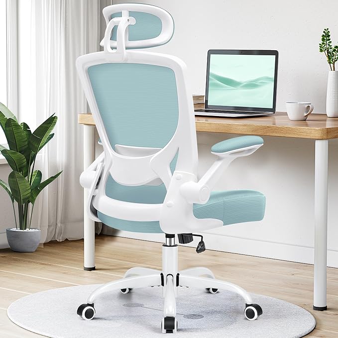 KERDOM Ergonomic Office Chair, Breathable Mesh Desk Chair, Lumbar Support Computer Chair with Headrest and Flip-up Arms, Swivel Task Chair, Adjustable Height Gaming Chair, LightBlue - LeafyLoom