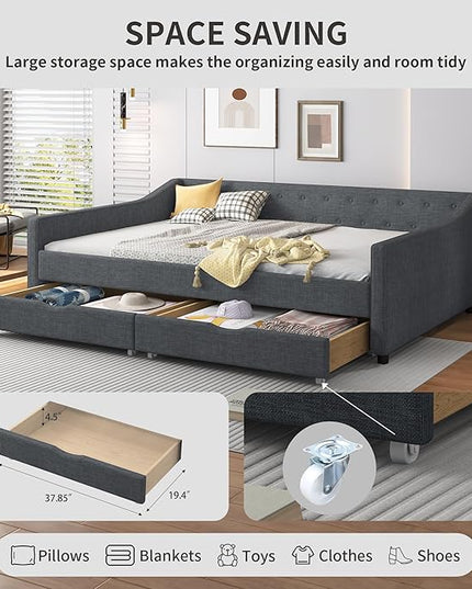 Full Size Upholstered Daybed with 2 Drawers,Wood Sofa Bed Frame W/Button Tufted Backrest and Waved Shape Arms,Slats Support,Linen Fabric Day Bed,for Bedroom,Living Room,Apartment,Dark Gray - LeafyLoom