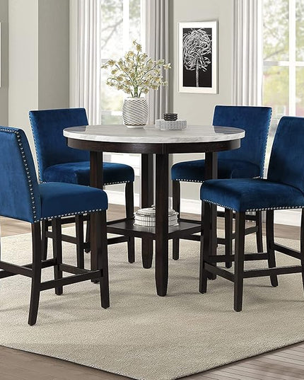 New Classic Furniture Celeste 5-Piece Faux Marble Round Counter Set with 1 Table and 4 Chairs, 42-Inch, Blue - LeafyLoom