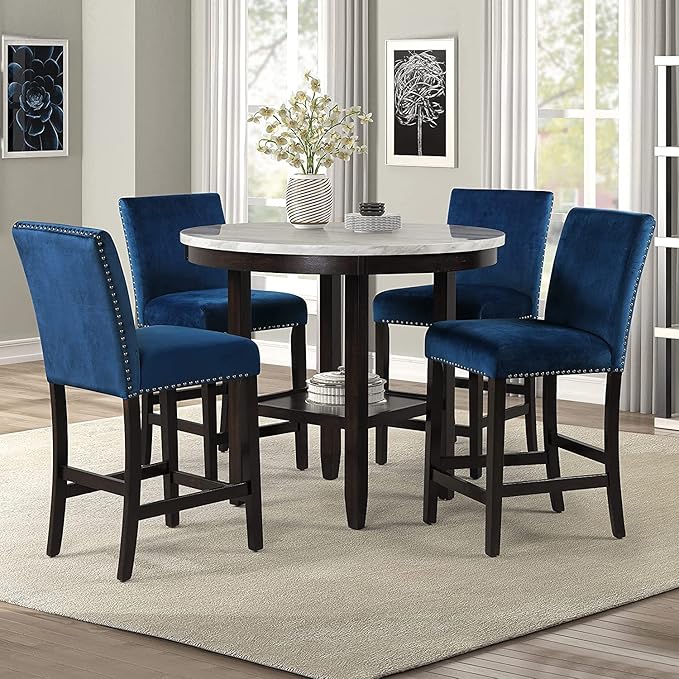 New Classic Furniture Celeste 5-Piece Faux Marble Round Counter Set with 1 Table and 4 Chairs, 42-Inch, Blue - LeafyLoom