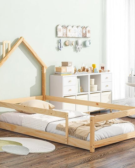 Bellemave Twin Size House-Shaped Headboard Floor Bed with Fence,Wooden Montessori Floor Bed for Kids,House Bed Twin Frame for Girls,Boys (Natural) - LeafyLoom