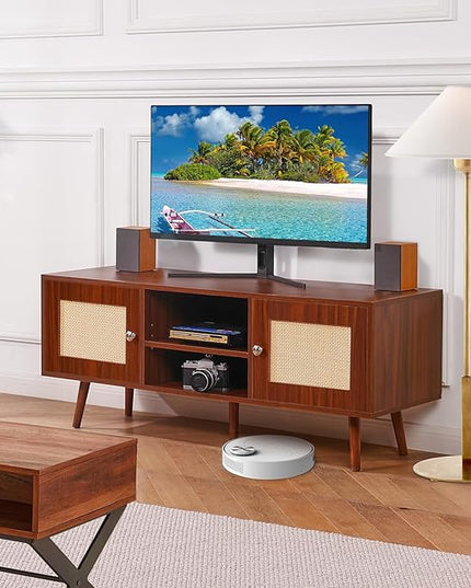VEVOR Rattan TV Stand, Boho TV Cabinet for 55 inch TV, Mid Century Modern TV Stand, Rattan TV Console with Adjustable Shelfs for Living Room, Media Room, Walnut - LeafyLoom