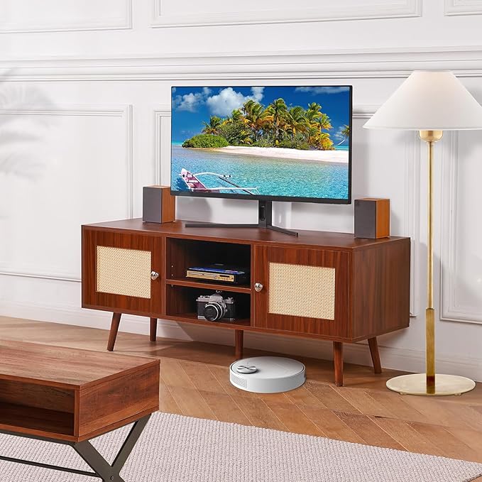 VEVOR Rattan TV Stand, Boho TV Cabinet for 55 inch TV, Mid Century Modern TV Stand, Rattan TV Console with Adjustable Shelfs for Living Room, Media Room, Walnut - LeafyLoom