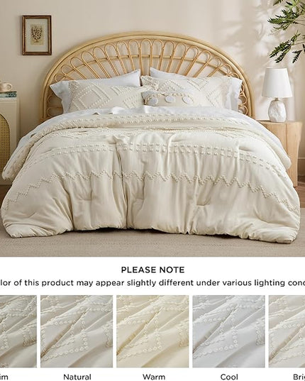 Bedsure Boho Comforter Set King - Beige Tufted Bedding Comforter Set, 3 Pieces Farmhouse Shabby Chic Embroidery Bedding Set, Soft Geometric Pattern Comforter for All Seasons - LeafyLoom