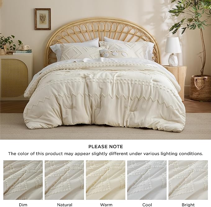 Bedsure Boho Comforter Set King - Beige Tufted Bedding Comforter Set, 3 Pieces Farmhouse Shabby Chic Embroidery Bedding Set, Soft Geometric Pattern Comforter for All Seasons - LeafyLoom