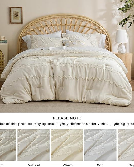 Bedsure Boho Comforter Set Queen - Beige Tufted Bedding Comforter Set, 3 Pieces Farmhouse Shabby Chic Embroidery Bedding Set, Soft Geometric Pattern Comforter for All Seasons - LeafyLoom