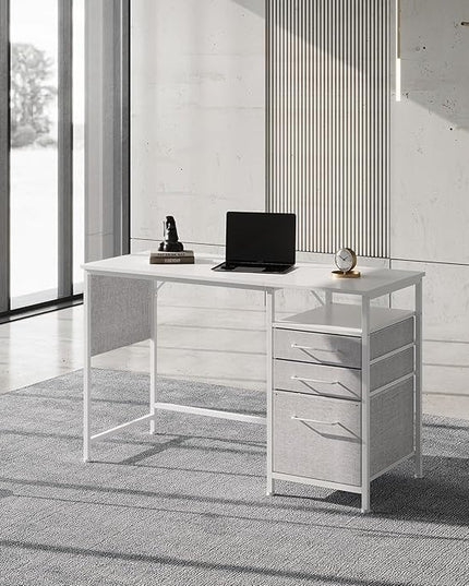 Ｍａｉｈａｉｌ Maihail Small Desk with Drawers, 47 inch Computer Desk with Shelves, Writing Desk with Storage, Small Office Desk with Metal Frame, White - LeafyLoom