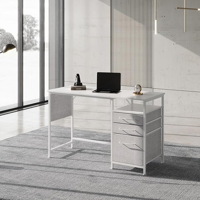 Ｍａｉｈａｉｌ Maihail Small Desk with Drawers, 47 inch Computer Desk with Shelves, Writing Desk with Storage, Small Office Desk with Metal Frame, White - LeafyLoom