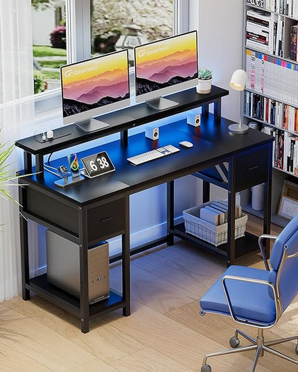 GreenForest Computer Desk with 2 Drawers and Power Outlets,50 Inch Office Desk with 2 Monitor Stands and Fabric File Cabinet, Reversible Gaming table with Led Lights and Shelves, Work Desk, Black - LeafyLoom