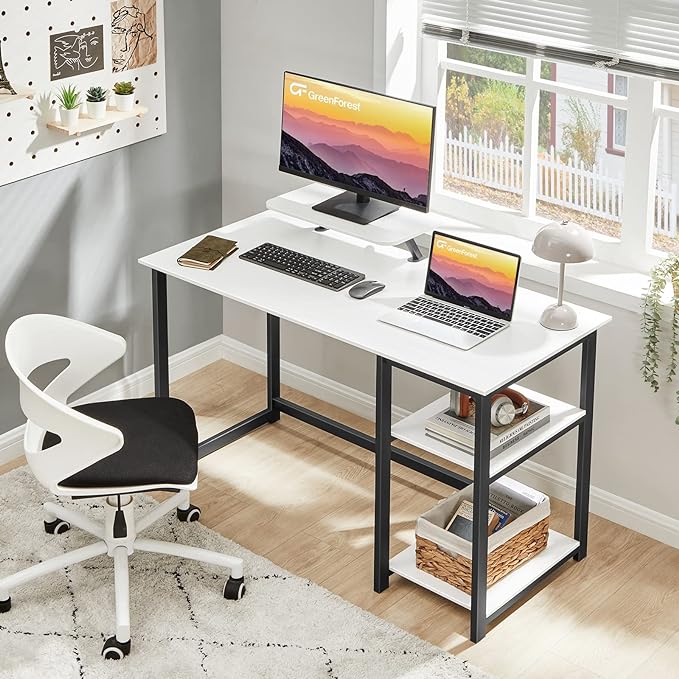 GreenForest Computer Desk with Monitor Stand and Reversible Storage Shelves,39 inch Small Home Office Writing Study Desk for Small Spaces,White - LeafyLoom