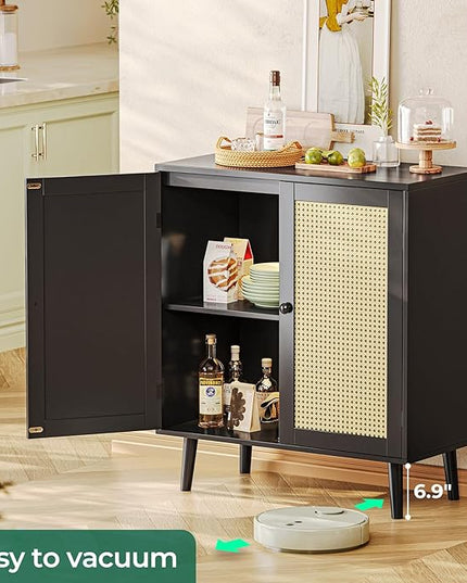Buffet Cabinet with Storage, Storage Cabinet with Synthetic Rattan Decor Doors, Accent Cabinet with Solid Wood Feet, Sideboard Cabinet for Hallway, Entry, Living Room, Black - LeafyLoom