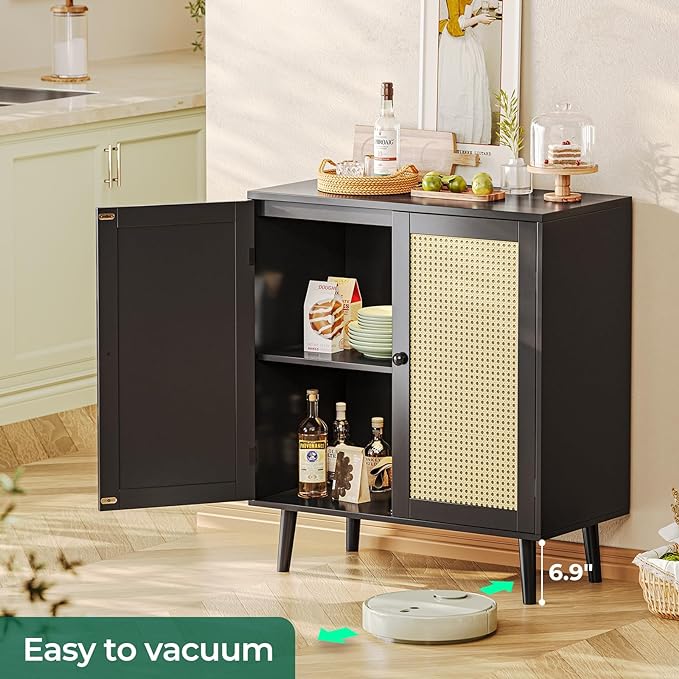 Buffet Cabinet with Storage, Storage Cabinet with Synthetic Rattan Decor Doors, Accent Cabinet with Solid Wood Feet, Sideboard Cabinet for Hallway, Entry, Living Room, Black - LeafyLoom