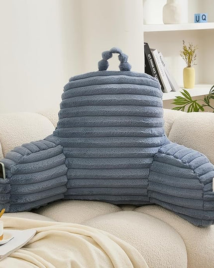 WERDIM Reading Pillow for Sitting in Bed, Faux Fur Back Pillow for Bed Rest, Bed Chair Pillow with Arms and Pockets(Standard, Dusty Blue) - LeafyLoom