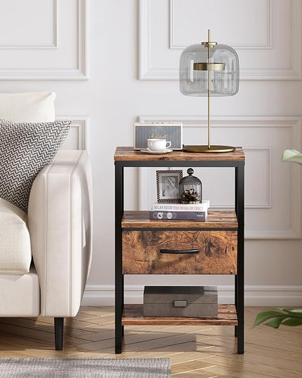 SUPERJARE Nightstand Set of 2, Bed Side Tables with Charging Station, Adjustable Fabric Drawer, Night Stand for Bedroom, 3-Tier Storage End Tables, for Living Room, Rustic Brown - LeafyLoom