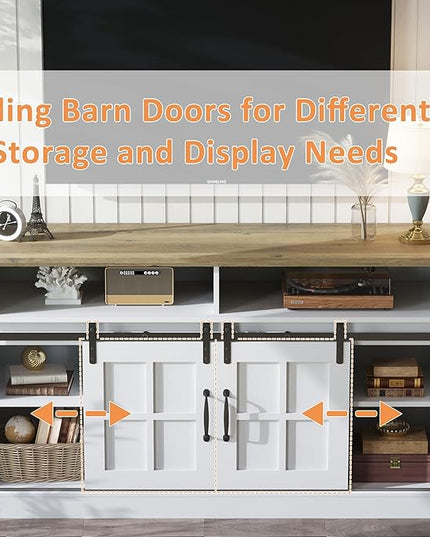 TV Stand with 2 Sliding Barn Doors, 58 Inch TV Stand with Storage Cabinet and Shelves, Television Stands with Storage for Living Room, Bedroom, White - LeafyLoom