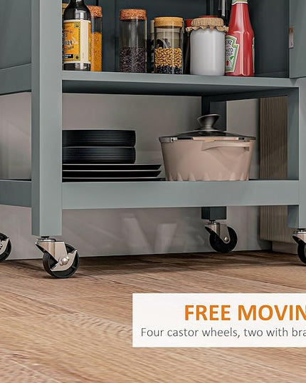 HOMCOM Utility Kitchen Cart, Rolling Kitchen Island with Smooth Rubberwood Top, Narrow Butcher Block Surface on Wheels with Storage Drawer & Cabinet, Gray - LeafyLoom