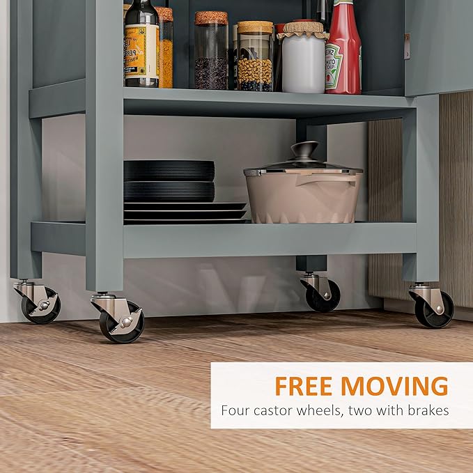 HOMCOM Utility Kitchen Cart, Rolling Kitchen Island with Smooth Rubberwood Top, Narrow Butcher Block Surface on Wheels with Storage Drawer & Cabinet, Gray - LeafyLoom