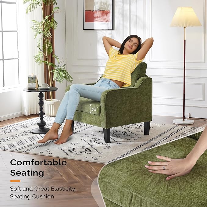 VINGLI Accent Chair for Living Room Chairs Olive Green Reading Chair for Bedroom Scooped Arm Chair Mid Century Modern Accent Chairs Upholstered Comfy Chair for Apartment, Waiting Room - LeafyLoom
