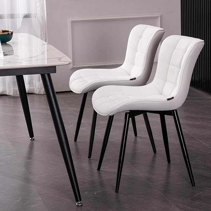 YOUTASTE White Dining Chairs Set of 2 PU Leather Upholstered Modern Armless Dining Room Chair with Back Metal Legs Kitchen Dinner Accent Guest Chairs for Vanity Reception Waiting Room - LeafyLoom
