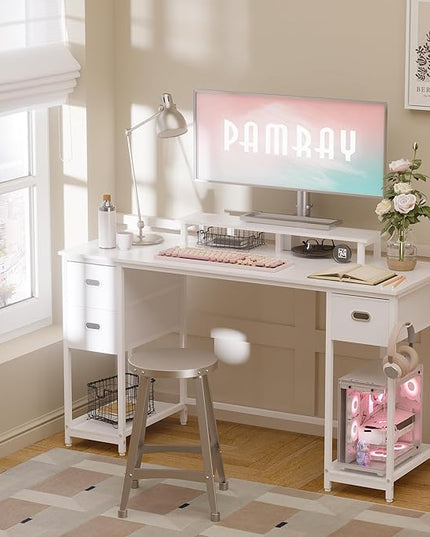 Pamray 55 Inch Computer Desk with Non-Woven Storage Drawers and Monitor Stand Home Office Desk for Bedroom Study Table Writing and Work Desk White - LeafyLoom