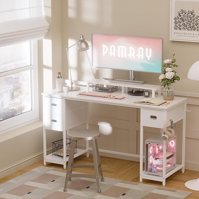 Pamray 55 Inch Computer Desk with Non-Woven Storage Drawers and Monitor Stand Home Office Desk for Bedroom Study Table Writing and Work Desk White - LeafyLoom