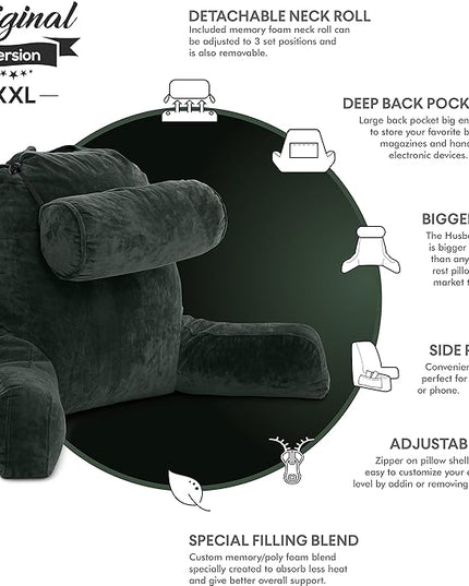 Husband Pillow XXL Dark Green Backrest with Arms - Adult Reading Pillow Shredded Memory Foam, Ultra-Comfy Removable Microplush Cover & Detachable Neck Roll, Unmatched Support Bed Rest Sit Up Pillow - LeafyLoom