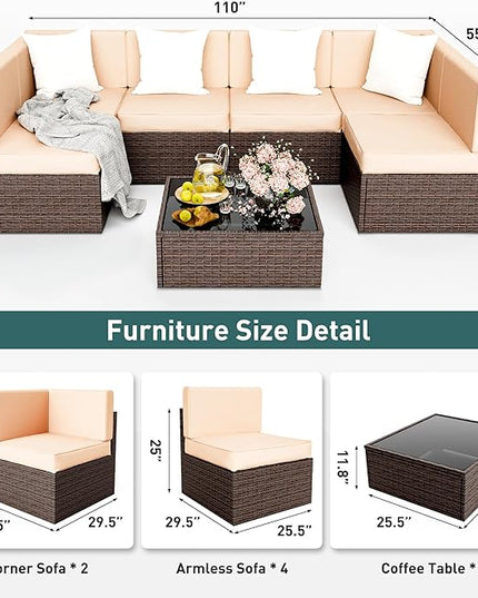 Pamapic Patio Furniture Set, 7 Pieces Modular Outdoor Sectional, Patio Sectional Sofa Conversation Set, Rattan Sofa with Coffee Table and Washable Cushions Covers, Brown Rattan and Beige Cushions - LeafyLoom