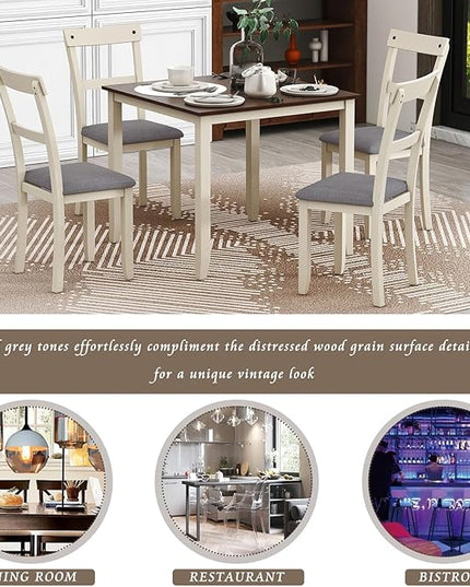 RITSU 5 Piece Set Industrial Wooden 4 Chairs, with High-density Foam Burlap Upholstered Cushions for Dining, Living Room, and Kitchen, Easy to Assemble, Dinning table for 5, Brown+cottage White - LeafyLoom