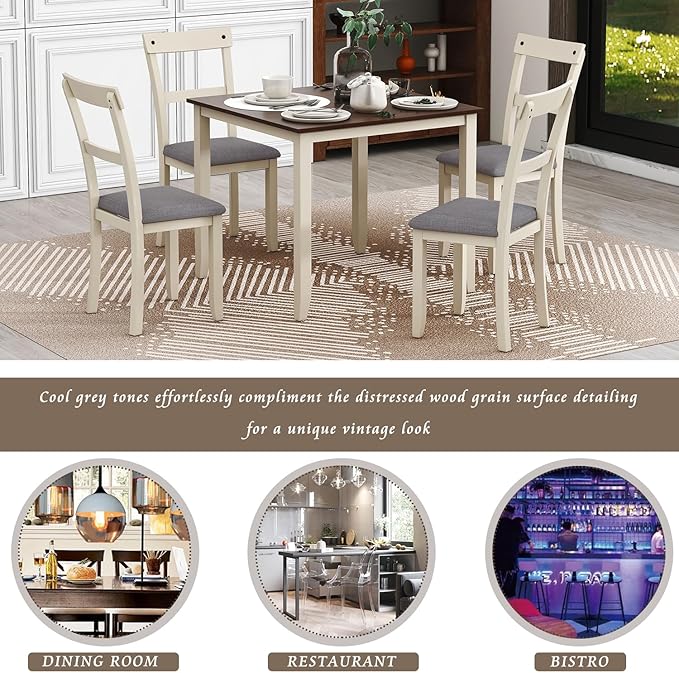 RITSU 5 Piece Set Industrial Wooden 4 Chairs, with High-density Foam Burlap Upholstered Cushions for Dining, Living Room, and Kitchen, Easy to Assemble, Dinning table for 5, Brown+cottage White - LeafyLoom