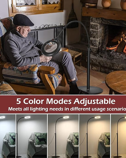 5X Stand Magnifying Glass with Light, Veemagni 24" Flexible Gooseneck 5 Color Modes Stepless Dimmable Magnifying Floor Lamp, 3-in-1 Adjustable Lighted Magnifier Hands Free for Close Work, Esthetican - LeafyLoom