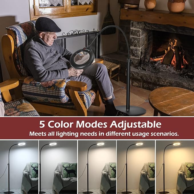 5X Stand Magnifying Glass with Light, Veemagni 24" Flexible Gooseneck 5 Color Modes Stepless Dimmable Magnifying Floor Lamp, 3-in-1 Adjustable Lighted Magnifier Hands Free for Close Work, Esthetican - LeafyLoom