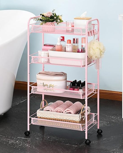 TOOLF 4-Tier Rolling Cart, Metal Utility Cart with 3 Hooks, Easy Assemble Mobile Storage Trolley On Wheels, Metal Shelving Units Kitchen Bathroom Laundry Room - LeafyLoom