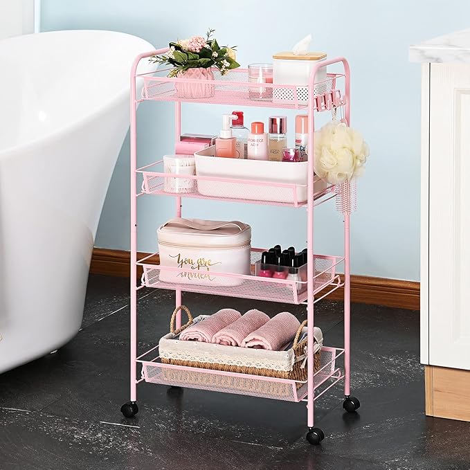 TOOLF 4-Tier Rolling Cart, Metal Utility Cart with 3 Hooks, Easy Assemble Mobile Storage Trolley On Wheels, Metal Shelving Units Kitchen Bathroom Laundry Room - LeafyLoom