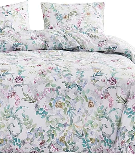 Wake In Cloud - Floral Comforter Set, Flowers Leaves Botanical Plant Cottagecore Aesthetic for Women Kids Girls, Soft Lightweight Bedding, 3 Pieces, Lilac Green, Queen Size - LeafyLoom