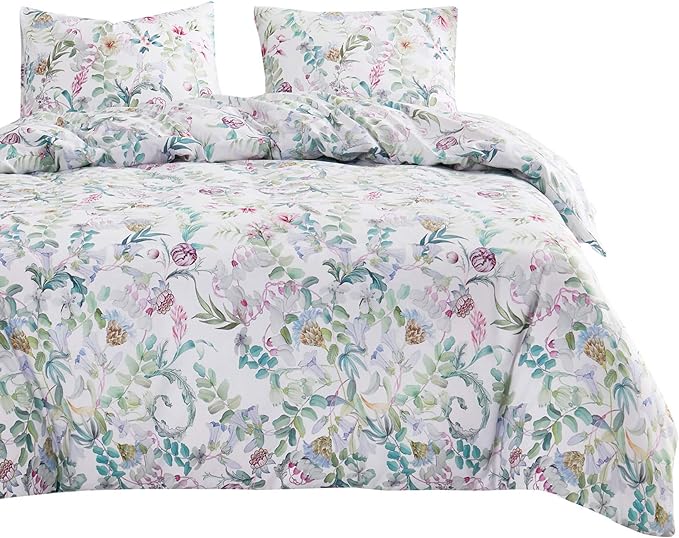 Wake In Cloud - Floral Comforter Set, Flowers Leaves Botanical Plant Cottagecore Aesthetic for Women Kids Girls, Soft Lightweight Bedding, 3 Pieces, Lilac Green, Queen Size - LeafyLoom