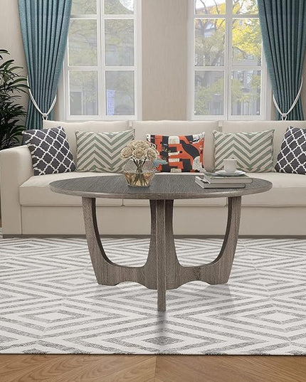 FINECASA Wooden Coffee Table, Curved Leg Coffee Table, Round Coffee Table for Living Room, Accent Couch,Home Decoration, Living Room Tables, 36 x 18 Inches, Grey - LeafyLoom