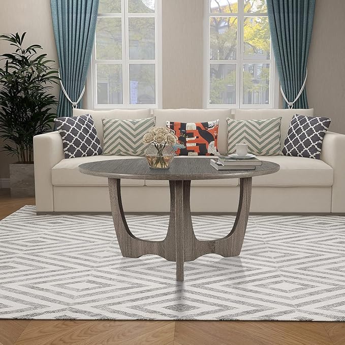FINECASA Wooden Coffee Table, Curved Leg Coffee Table, Round Coffee Table for Living Room, Accent Couch,Home Decoration, Living Room Tables, 36 x 18 Inches, Grey - LeafyLoom