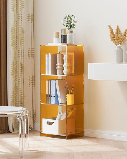 Acrylic Bookcase, 3 Tier Clear Floor Standing Bookshelf, 31.5 inch Tall Display Cube Storage Shelf Home Decor Furniture for Home, Office, Living Room, Bedroom - Transparent Orange - LeafyLoom
