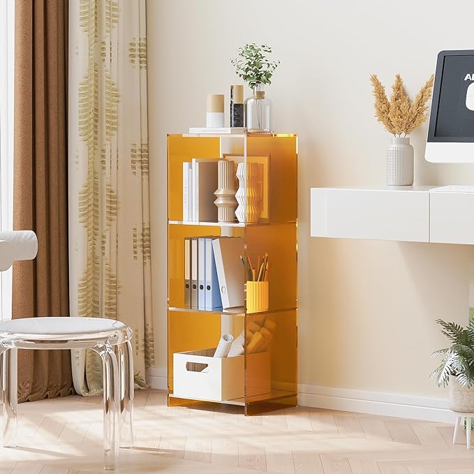 Acrylic Bookcase, 3 Tier Clear Floor Standing Bookshelf, 31.5 inch Tall Display Cube Storage Shelf Home Decor Furniture for Home, Office, Living Room, Bedroom - Transparent Orange - LeafyLoom