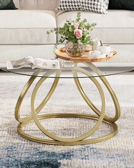 O&K FURNITURE Gold Coffee Table, Modern Round Glass Coffee Table for Living Room with Ring-Shaped Frames, Gold Glass Table for Home&Office,Gold Finish, 1PC - LeafyLoom
