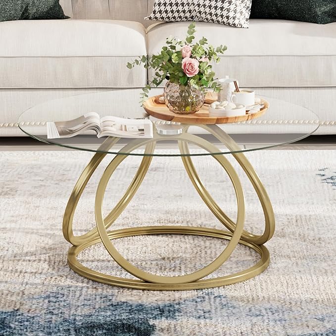 O&K FURNITURE Gold Coffee Table, Modern Round Glass Coffee Table for Living Room with Ring-Shaped Frames, Gold Glass Table for Home&Office,Gold Finish, 1PC - LeafyLoom