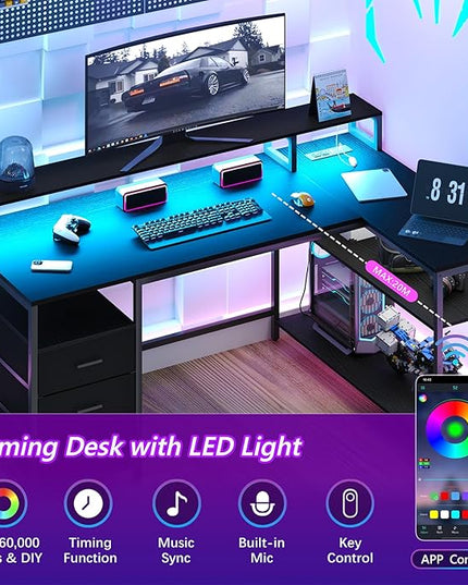L Shaped Desk with 3 Drawer & 3 Open Shelf, Computer Desk with LED Lights & Power Outlets, Home Office Desk with Reversible Storage Shelves & Monitor Stand, Corner Desk for Small Space - LeafyLoom